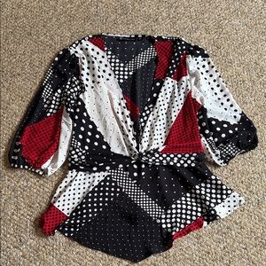 New York & Company Polka Dot Patchwork Blouse - Black, White, Red